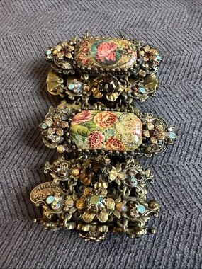 Michal Negrin Antique-Gold Floral Bracelet with Pink and Green Rose Motifs
